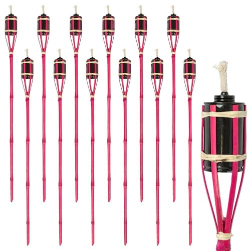 Harbour Housewares Bamboo Fire Torches - 113cm - Pink - 12x Garden Lighting Traditional Tiki Torches Outdoor Paraffin Oil Lamp Candle Flame Lantern with Removable Screw Top