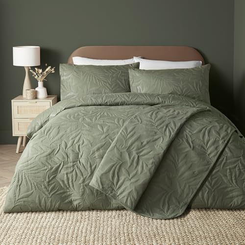 Serene Luxuriöses Bettwäsche-Set aus der Luana-Kollektion, Khaki-Grün mit Blättern, geprägt, Super-King-Size-Bett (260 x 220 cm), weiche Haptik, Stickerei-Bettbezug mit Blatt-/Blätter-Stickerei