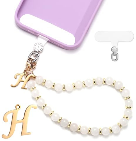 lasuroa 1 Set Handyband mit Perlen, Initialen Handyanhänger Band Abnehmbar Handykette mit Handyband Patch Freihändig Handyarmbandkette für Frauen Mädchen Geschenk (Buchstabe H)