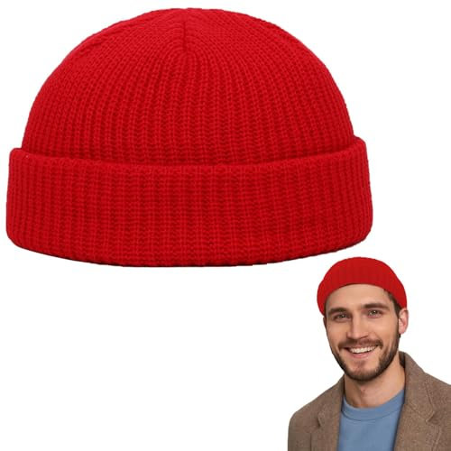 Comioke Beanie Strickmütze, Mütze Herren, Muetze Fuer Maenner, Rollmütze Herren, Mützen, Trawler Beanie, Rollmütze Kurz, Muetzen - Rot