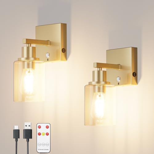 Klighten 6000 mAh Lampada da parete Senza Fili con Telecomando, Applique da Parete Interno Batteria Operata 2PCS,lampada da parete ricaricabile 3000K bianco caldo, con lampadina, Oro