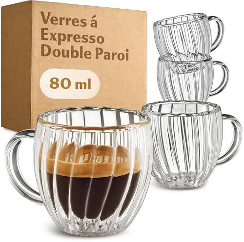Cosumy Bicchieri Espresso Doppia Parete 80ml - Set di 4 Tazza con Manico - Scanalato Design - Lavabile in lavastoviglie - Si Mantiene Calda a Lungo