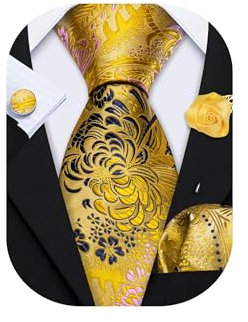 Barry.Wang Cravate florale avec épingle à revers en soie pour homme - Ensemble de boutons de manchette carrés pour mariage, fête de mariage, or, jaune, bleu marine, rose, taille unique