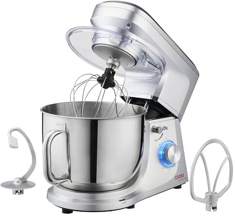 Cooks Professional Stand Mixer - Multi Speed 7L Mixing Bowl 1200W electric cake mixer with Mixing Bowl, Splash Guard, Balloon Whisk, Beater & Dough Hook, Silver