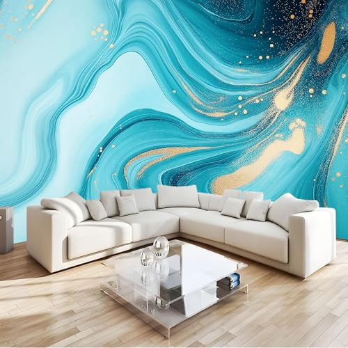 Générique Papier Peint 3D Panoramique Marbre bleu-vert et or 450 x 315 cm Papier Peint intissé pour Chambre Salon Photo Murale Personnalisé Décoration Murale