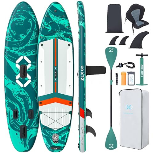 ZLX 350cm Extra Groß Stand Up Paddle Board mit Sitz Große Tragfähigkeit 550LB Inflatable SUP Board für Erwachsene Anfängerfreundlich Stabiles Anti-Rutsch-Deck, Pumpe, SUP Paddle