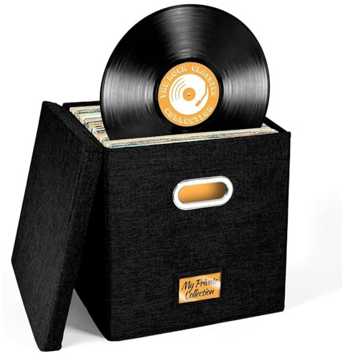 Storage Box with Lid, Foldable Fabric Box with Handles, Vinyl Record Storage Box, Cotton Linen Storage Case with Lid and Handle, Folding Storage Boxes Holds Up to 12 Inches, 50 Single Records