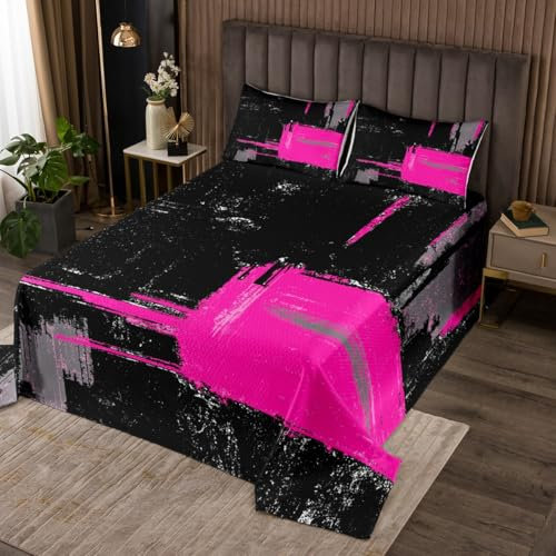 Loussiesd Copriletto trapuntato per letto singolo, colore nero, fucsia, motivo geometrico, per ragazzi, ragazze, bambini, set copriletto astratto, decorazione per la stanza, arte moderna, trapuntato,