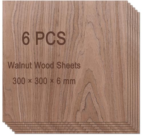 SHUESS Lot de 6 plaques de contreplaqué - 300 x 300 x 6 mm - Plaque multiplex en noyer naturel - Pour découpe laser, bricolage, contreplaqué lisse - Pour modélisme, pyrogravure, peinture, travail du