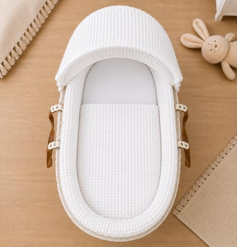 For Your Little One Moses Basket Bedding Set – Waffle & Dimple Designs with Hood, Quilt & Bumper | Soft & Breathable (Moses Basket Not Included!) (Waffle, White)