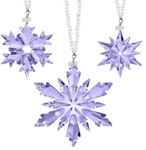 Lanpn 2025 Weihnachten Kristall Ornamente 3 STK, Jährliche Schneeflocken Stern Kristallornament, Kristalle Weihnachtsstern Christbaumschmuck Hängende Deko Geschenk Frauen Mädchen Winterurlaub, Lila