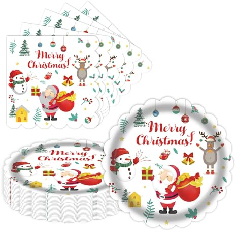 LDFDRT Christmas Plates and Napkins Set of 40-20 x 7 Inch Santa, Snowman & Reindeer Paper Plates & 20 Napkins | Disposable Christmas Party Supplies for Holiday Dinnerware & Decor