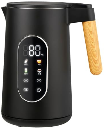 Edelstahl Wasserkocher mit Temperatureinstellung: 1,7 L Doppelwand Teekocher mit Temperature Digital Display 40-100°C, Electric Kettle Warmhaltefunktion, BPA-frei, mit Holzgriff -2200 W