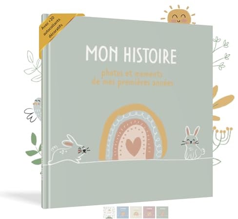 HuBorns - Livre de Naissance pour Coller des Photos et Écrire avec plus de 50 Pages et Autocollants, Album Photo Bebe de Première Année jusqu'à ses 5, Idéal comme Cadeau Naissance (Vert, Français)