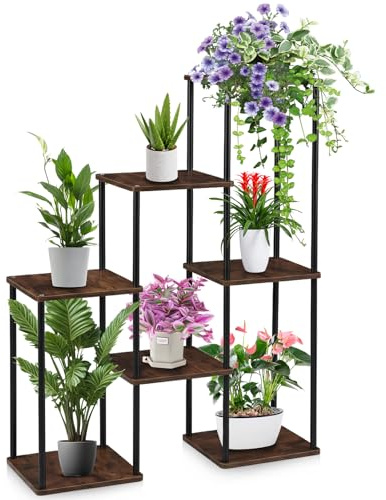Blumenständer für Innenbereich & Balkon | Platzsparender Pflanzenständer mit mehreren Ebenen, Holzoptik, Stabiles Metallgestell, Einfache Montage