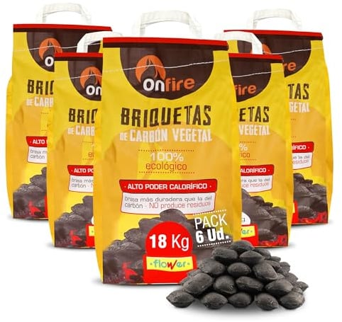 FLOWER Bricchette Carbonio Vegetale Barbecue 100% Naturale 18 KG | Bruci in 20 minuti | Alto potere calorico | Carbone Barbecue, Griglia e Camino senza additivi chimici e minerali