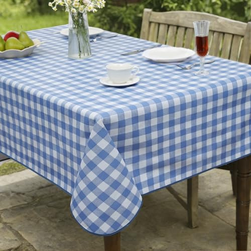 FIBORIA Large Vinyl Outdoor Table Cloth Wipe Clean Gingham Waterproof Rectangular Blue 140x240 cm,Heavy Duty PVC Tablecloth Oilcloth,Reinforced Hem,for Garden,Camping,Patio,Kitchen,Spring,Picnics,BBQ