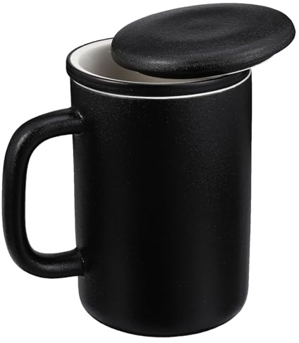 Cabilock 400Ml Ceramic Tea Mug with Lid and Built-in Filter, Black Japanese Style Infuser Cup for Office and Home Brewing