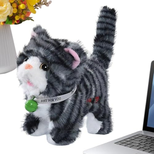 Walking Plush Cat - 7 Inch Realistic Toy, Electric Kitten Music Plushes, Soft Interactive Sound Doll, Durable Huggable Playmate, Cute Cuddly Animal Figure | Preschoolers Teens Children Pet Lovers