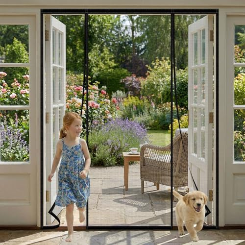 Moustiquaire Porte Fenetre 220x220cm Aimantée à Double Ouverture Latérale – Rideau Anti-Mouches et Moustiques avec Maille Très Dense, Idéal pour Porte de Balcon et Terrasse (Noir)