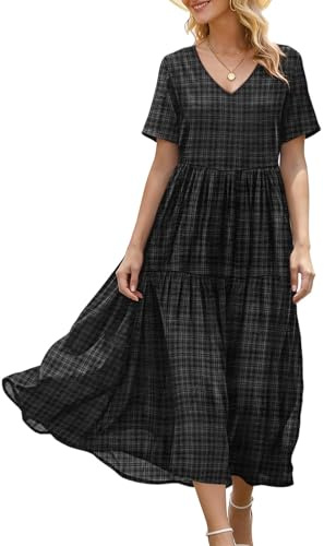 YESNO Women Summer V Neck Short Sleeve Maxi Casual Floral Dresses EVFUK | Soft cozy fabric available in solid and printed designs, great for summer, autumn, shopping, travel & lounge time