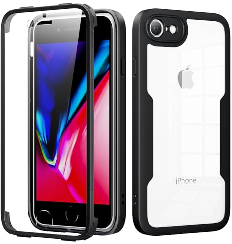 ZhuoFan Cover per iPhone 8/7/SE2022/SE2020 con Pellicola Protettiva Integrata,Trasparente Silicone Antiurto Custodia 360 Gradi Protezione AntiGraffio Hard PC Retro TPU Bumper Full Case,Nero