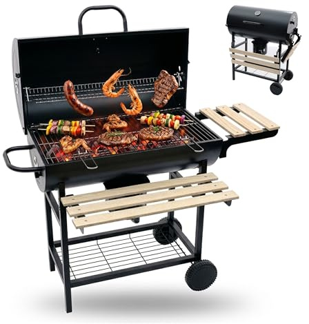 Relaxdays Barbecue a Carbone con Coperchio e termometro, Carrello, Nero | 95x114,5x69 cm, acciaio verniciato a polvere