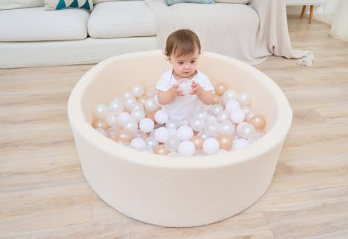 Babyzee Bällebad mit 200 Bällen, Kinder-Bällebad, Bällebad 90 x 30 cm, Bouclé-Beige