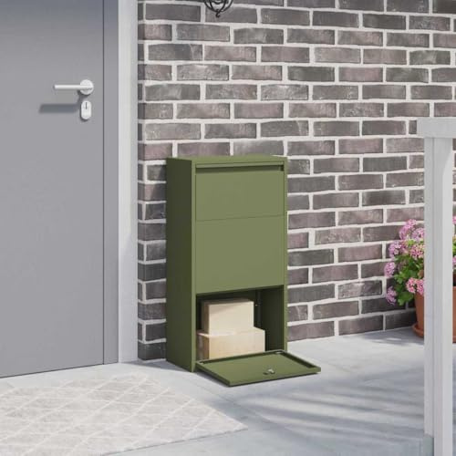 Zentexion Paketdrop-Box brevlåda av stål, olivgrön, 44 x 22 x 82 cm, låsbar och väderbeständig, rostfri, med lås, för ytterdörr, trädgård, trädgård och utomhusbruk