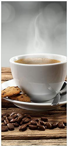 Wallario Selbstklebende Türtapete mit Schutzlaminat Heiße Tasse Kaffee mit Kaffeebohnen - Türposter 93 x 205 cm Abwischbar, rückstandsfrei zu entfernen