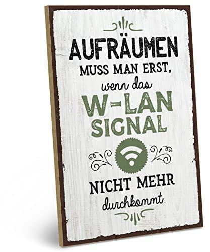 ARTFAVES® Wandbild Holzschild mit Spruch - AUFRÄUMEN MUSS MAN ERST - WLAN - Türschild Retro Vintage Deko Bild Geschenk - Zuhause, witzige Sprüche
