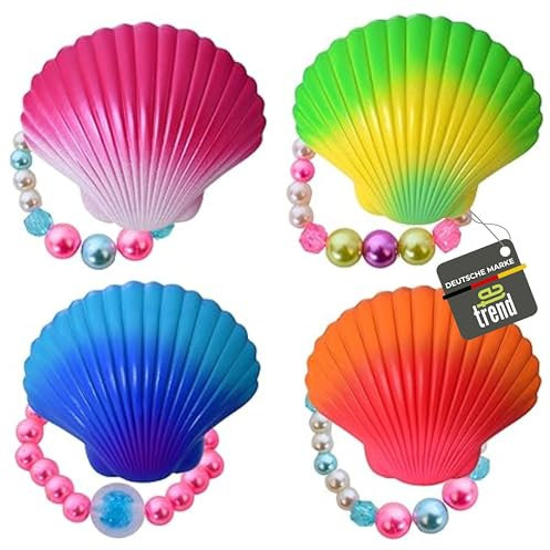 TE-Trend Schmuck-Muschel mit Perlen-Armband 4er Set - perfektes Kinderschmuck-Set für magische Momente - Schmuck-Muschel mit wunderschönem Mädchen-Armband Highlight - zauberhaftes Perlen-Geschenk