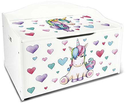 Leomark Kinderbank Hölzerne - Einhorn XL - Kindertruhenbank, Behälter für Spielzeug, Truhe für Kinderzimmer, Kindermöbel, Sitzbank, Höhe: 46 cm