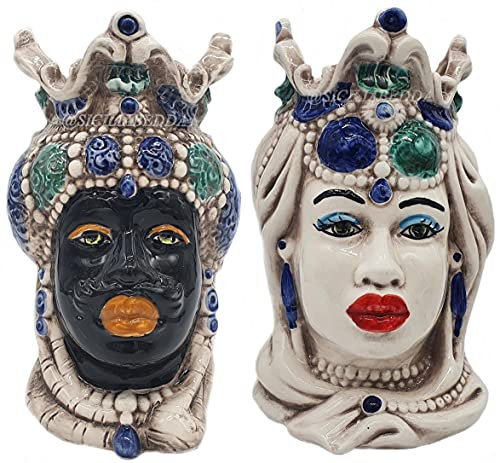 sicilia bedda - Coppia Teste di Moro Siciliane in Ceramica di Caltagirone - Realizzato Interamente a Mano - H 13 Centimetri (Blu e Verde)