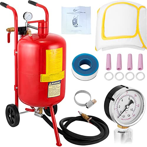 VEVOR Sabbiatrice da 40 Litri / 10 Galloni Dotata di Ugello Valvola di Chiusura Manometro Ugello in Ceramica Tubo di Riempimento da 2,5 m Imbuto Watertrap Ruote in Gomma da 6 Pollici, blu