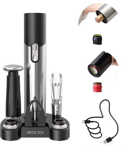 CIRCLE JOY Tire Bouchon Électrique 7 en 1 Ouvre-Bouteille Rechargeable Coffret Cadeau pour Vin et Bière, avec Socle, Coupe-capsule, Aérateur à Vin, Pompe à Vide et 2 Bouchons à Vin