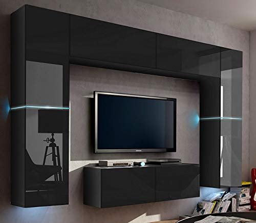 Furnitech Wohnwand Wohnzimmer | Wohnzimmer Möbel mit LED Weiß | Hängend Wohnwand Modern | Wohnzimmer Schrankwand mit Regale und TV Schrank (Future 71/HG/B/1 1B)