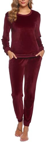 Wayleb Damen Schlafanzug Lang Velour Pyjama Set Langarm Rundhals Flanell Loungewear Freizeitanzug Zweiteiliger Homewear Kuschelig Samtanzug Sportanzug Jogginganzug mit Tasche, Weinrot S