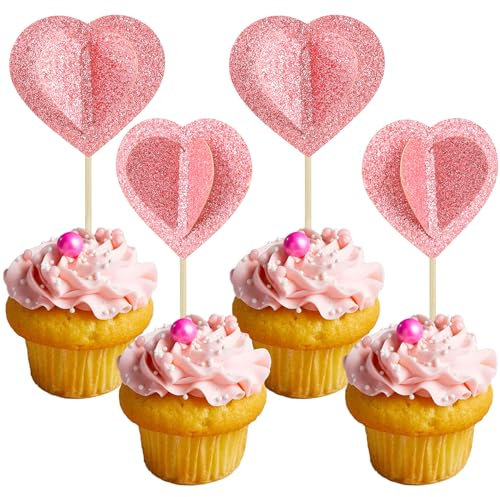 Gyufise 24 Pack Valentine's Day Cupcake Toppers Pink Glitter Double Layers 3D Love Heart Cupcake Picks Valentine's Day Theme Wedding Baby Shower Birthday Party Cake Decorations Supplies