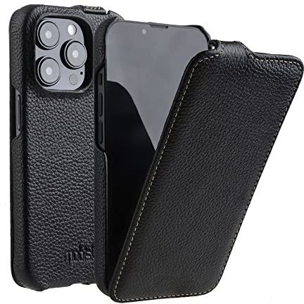 Mobiskin Hülle passend für Apple iPhone 14 PRO (6,1 Zoll), Handyhülle mit beschichtetem Leder, Case, Schutzhülle klappbar, dünne Handy-Tasche, Slim Cover, Schwarz