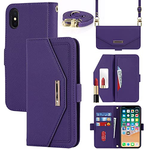 CAVOR Handykette Handyhülle kompatibel mit iPhone X/XS Hülle Mit Band,Flip Leder Geldbörse Handyhülle,[Spiegel][5 Kartenfach][Magnetisch],Klapphülle Handytasche zum umhängen - Lila