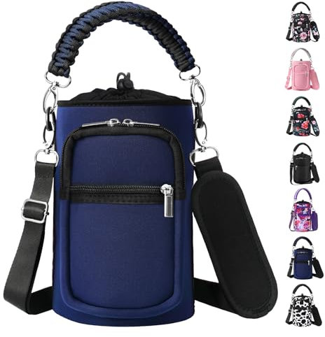 AceTreker 64 oz /87 oz/128 oz Neoprene Water Bottle Holder with Strap for Insulated Metal Hydro Jug Water Bottles, Sleeve Carrier Bag for Camping Trip-Dark Blue