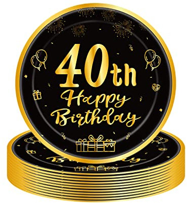 COSORO 16Pcs Black Gold 40th Birthday Paper Plates 9'',Birthday Tableware Party Plate Disposable,Happy Table Decorations Gifts for Women,Men,Ladies,Him,Her Décor