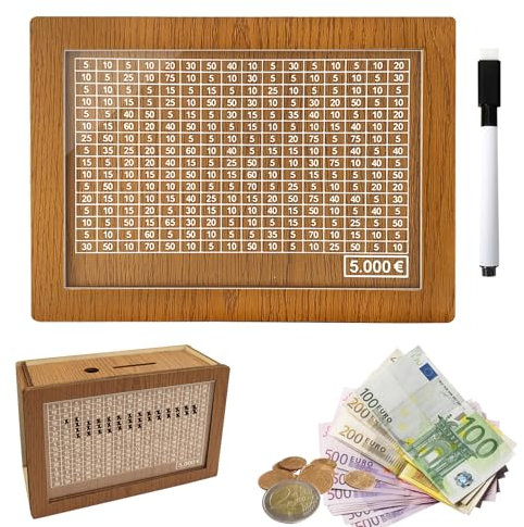 Divove Spardose Holz, Spardose mit Zähler, Sparbox mit Zahlen Ankreuzen, Wiederverwendbare Spardose Mit Sparziel, €5,000 für Erwachsene und Kinder mit Sparziel, Geburtstag Gefälligkeiten