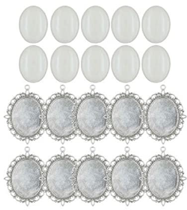 IUDWCG 20 Pcs Anhänger Tablett Lünette mit Glas Cabochon Vintage Glas Kuppel Handwerk Kit für DIY Andenken Medaillon Halskette Geschenk Schmuck machen