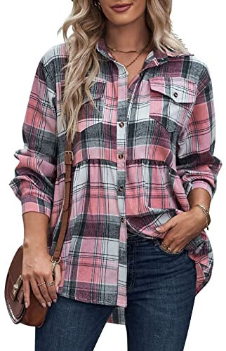 Camicie a Quadri da Donna abbigliamento autunnale oversize Giacca a Quadri a Maniche Lunghe Camicie abbottonate Camicetta alla Moda Nero, Rosa, M