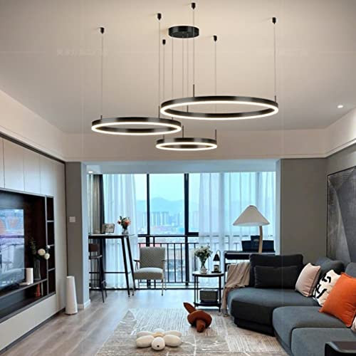 DHGIE LED Pendellampe Wohnzimmerlampe Pendelleuchte Dimmbar Mit Fernbedienung Kronleuchter Moderne Hängeleuchte Esstisch Aluminium Runde Acryl Beleuchtung 3 Rings Deckenleuchte (Color : Schwarz)