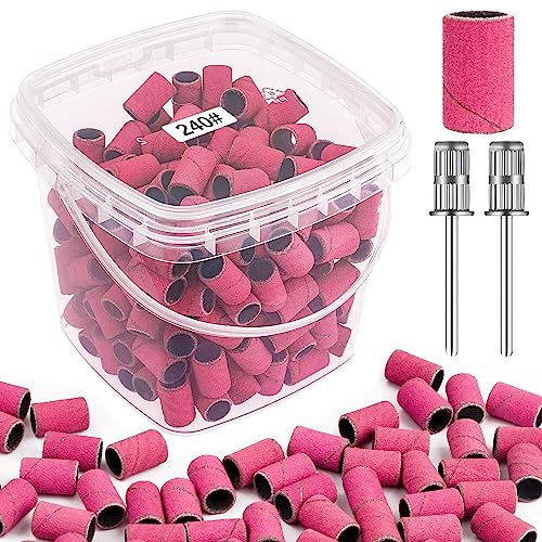 Rolybag Sanding Bands for Nail Drill 240 Grit Extreme Fine Nail Sanding Bands 200Pcs Pink Professional Sanding Bands and 2Pcs Nail Drill Bits for Acrylic Nails Gel Manicures and Pedicure