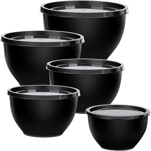 Greentainer Plastic Mixing Bowls Set with Lids, Nesting Bowls for Prepping, Serving, Cooking & Baking, Large Mixing Salad Bowl for Kitchen Storage, Dishwasher & Microwave Safe, Set of 5 (Black)