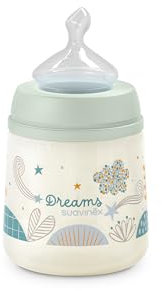 Suavinex Biberón de 150 ml Con Tetina Anatómica de Silicona, Válvula Anticólico, Flujo Medio (M) Para Bebés de 0 a 6 Meses, Dreams Azul